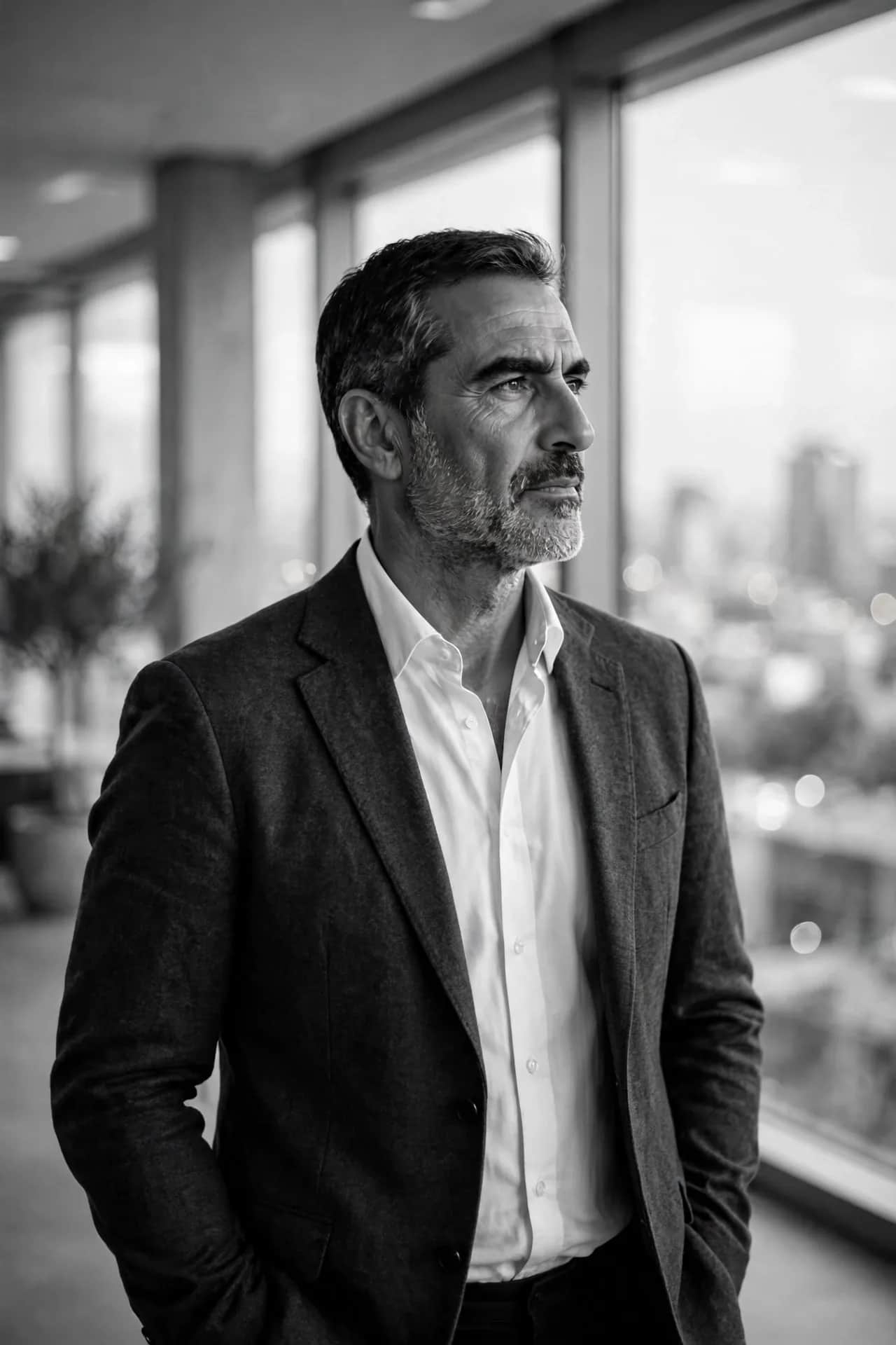 Ιδρυτής κατασκευαστικής εταιρείας σε ασπρόμαυρο φωτογραφικό πορτρέτο, καθισμένος σε μασίφ ξύλινο τραπέζι με θέα τον αστικό ιστό, σε ήρεμη στρατηγική καθοδήγηση.