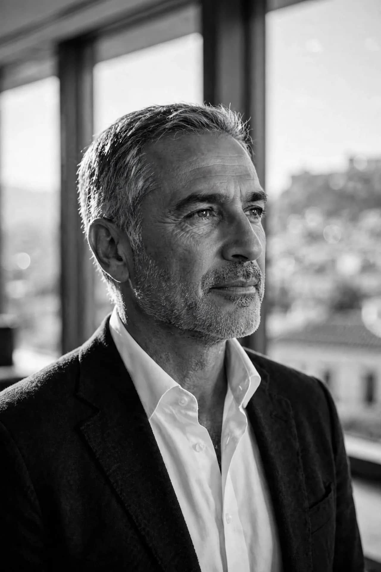 Διευθύνων σύμβουλος ομίλου εταιρειών δίπλα σε μεγάλο παράθυρο γραφείου, αποπνέοντας απόλυτη διοικητική καθαρότητα και έλεγχο δεδομένων.