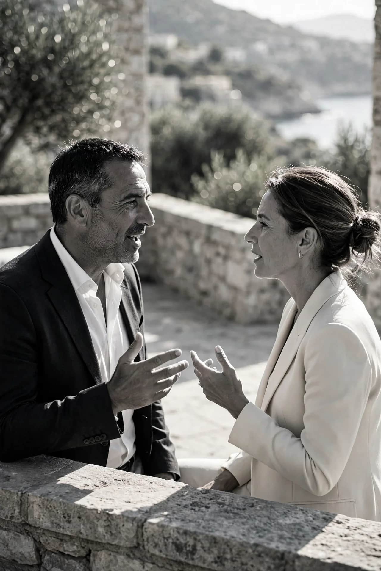 Δύο συνιδιοκτήτες πολυτελούς ξενοδοχειακού συγκροτήματος σε ζωντανή στρατηγική συζήτηση σε ηλιόλουστη βεράντα με θέα στη θάλασσα.