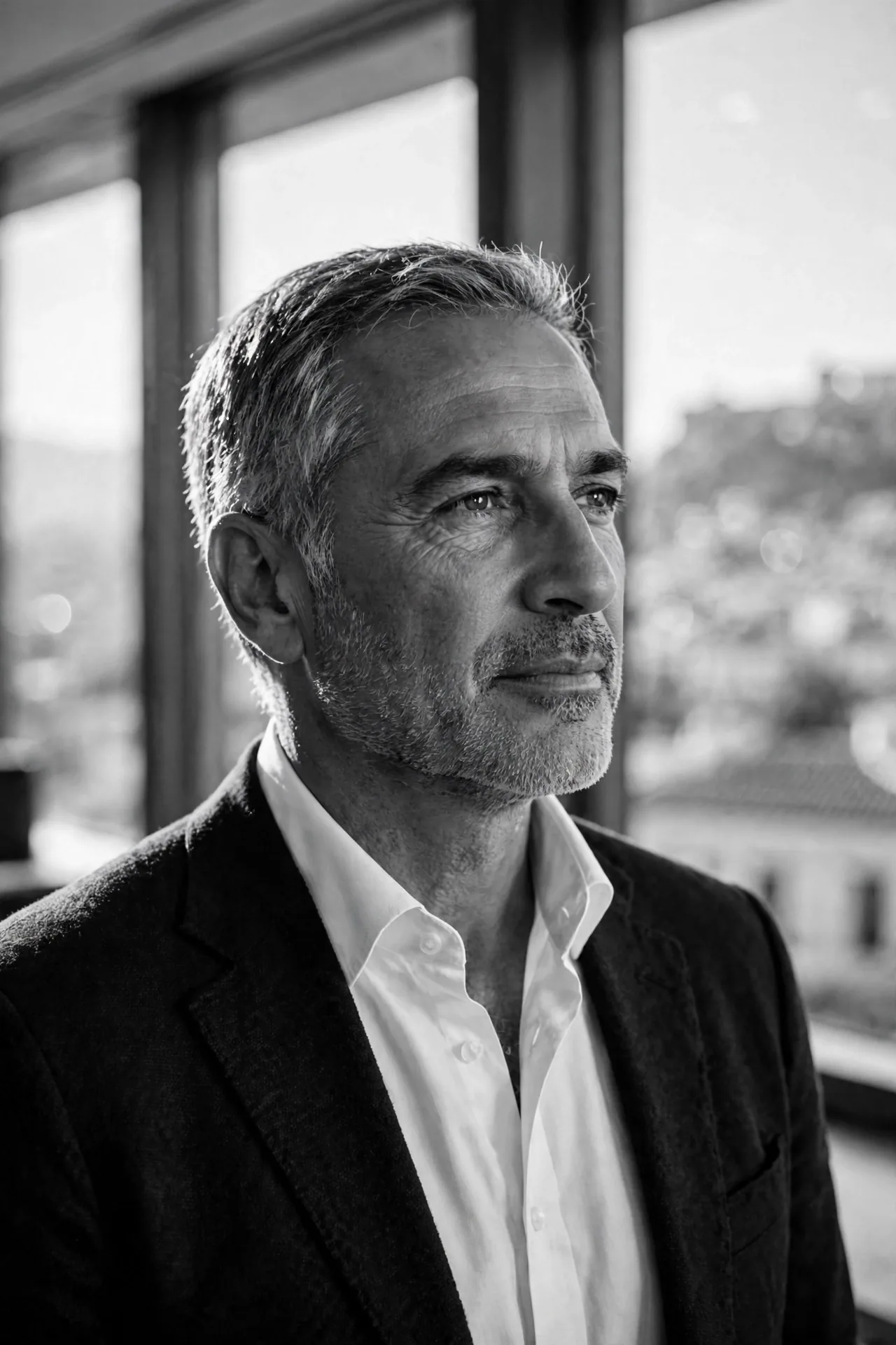 Διευθύνων σύμβουλος ομίλου εταιρειών δίπλα σε μεγάλο παράθυρο γραφείου, αποπνέοντας απόλυτη διοικητική καθαρότητα και έλεγχο δεδομένων.